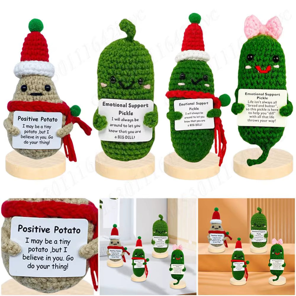 Cute Crochet Christmas Pickle Knitting Doll Positive Potato Pickle Handmade Emotional Support Pickled Cucumber Gift Crochet Doll