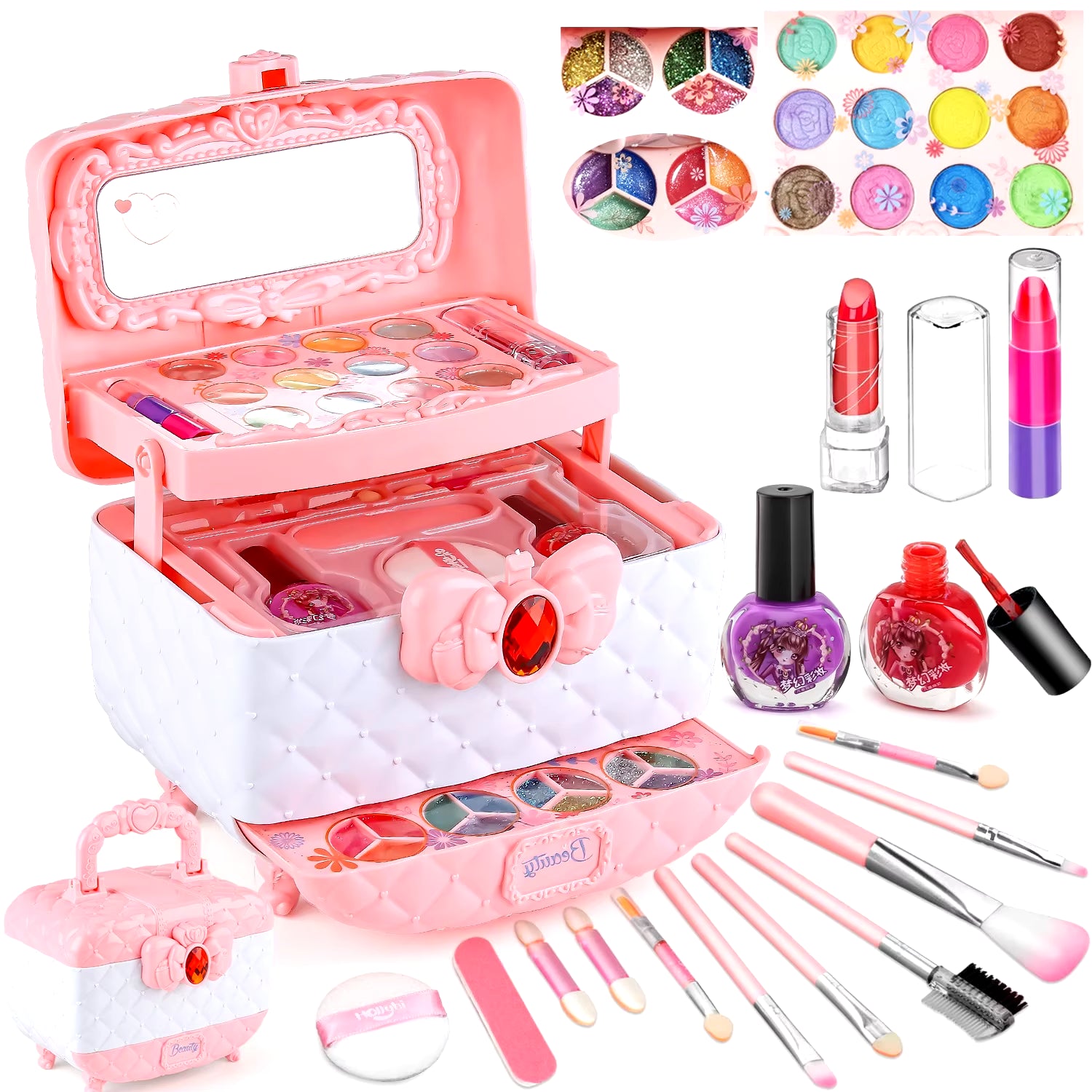 Kids Makeup Toy Kit for Girls, Washable Makeup Set Toy with Real Cosmetic Case for Little Girl, Pretend Play Makeup Beauty Set B