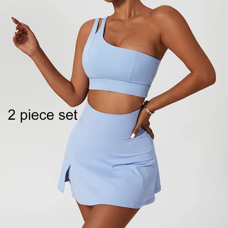 Yoga Skirt Set Women Workout Sport Gym Wear Suit High Wais Fitness Crop Top Female Tennis Sportswear One Shoulder Bra